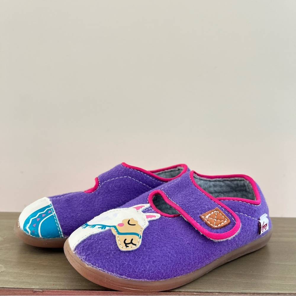 See Kai Run Purple Kids Slippers with Llama Design